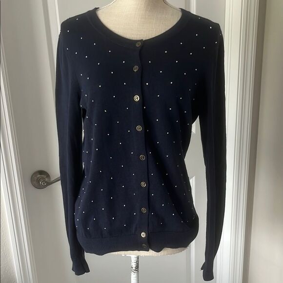 Tommy Hilfiger 100 % Pima Cotton Navy Sm Polka Dots Cardigan Button up Sz M - Picture 1 of 7